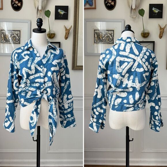 Haute Hippie Cropped Front Tie Button Up Top Blue White Abstract Linen Blend M - Picture 1 of 7